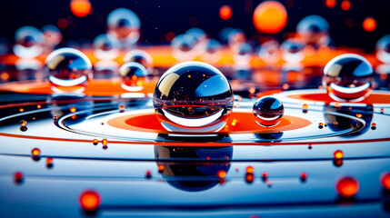 Group of spheres floating on top of each other in pool of water.