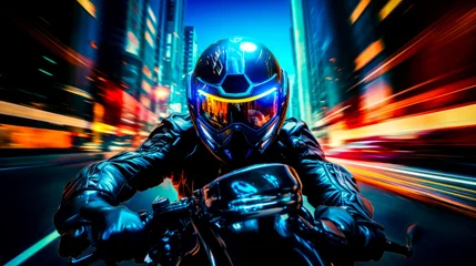  Man riding motorcycle on city street at night wearing helmet and goggles. © Констянтин Батыльчук