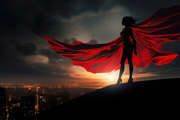 Superwoman Superhero in Red Cape Over City During Sunset - obrazy, fototapety, plakaty