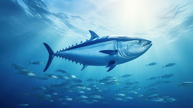 Giant Bluefin Tuna Fish Swimming in Ocean Sea Water