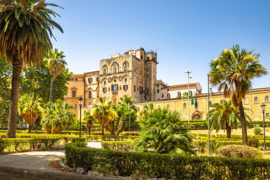 The Palazzo dei Normanni - Royal Palace of Palermo, landmark and tourist attraction in capital of Sicily, Italy, Europe.