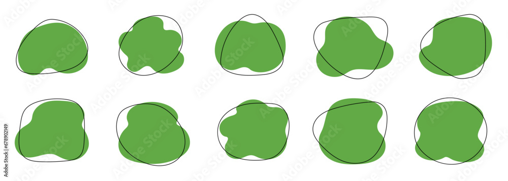 Poster Organic blob shape, abstract green color amoeba, irregular fluid element set. Simple flat abstract splodge, amoeba blob figure, liquid shape graphic design element. Vector illustration.