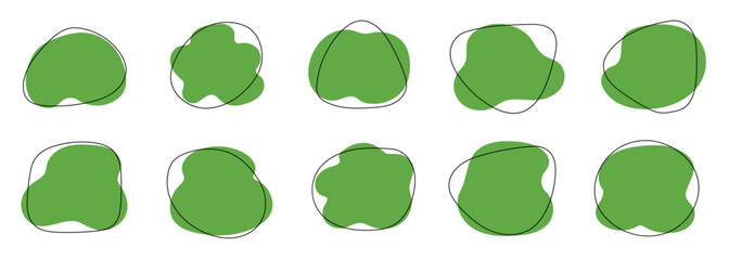 Organic blob shape, abstract green color amoeba, irregular fluid element set. Simple flat abstract splodge, amoeba blob figure, liquid shape graphic design element. Vector illustration.