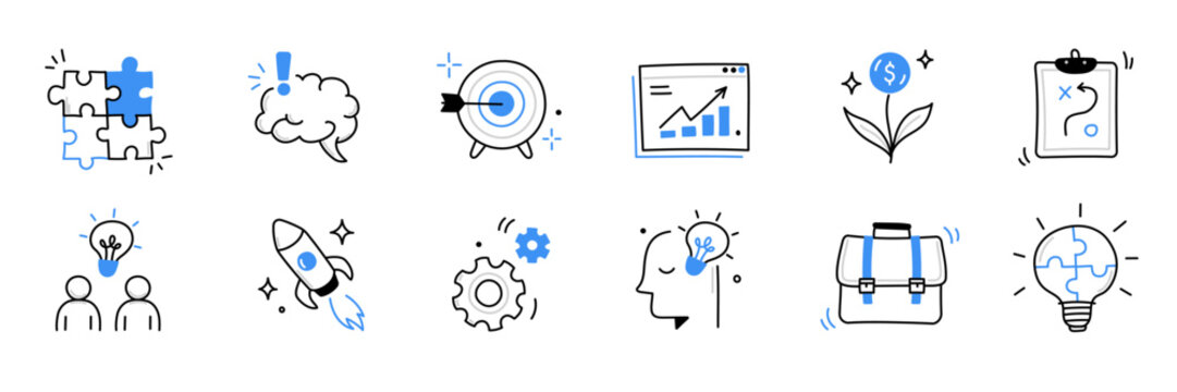 Business idea, startup doodle line icon set. Hand drawn doodle sketch line style business strategy, finance goal growth, startup idea concept. Rocket, target, brain cute element. Vector illustration