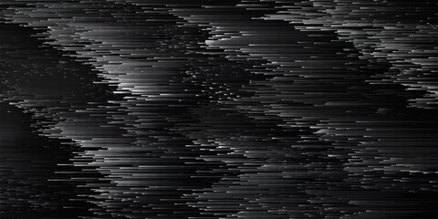 Black pixel sorting glitch style background. Pixelated black noisy background. Video distortion effect. Dark VHS retro pixel art texture with flickering horizontal lines. Vector background - obrazy, fototapety, plakaty