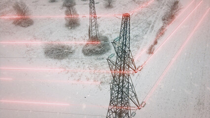 Snowstorm causing power outage with animation of faulty cables and wires from transmitter having interrupted electrical transmission. Graphic - obrazy, fototapety, plakaty