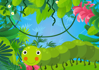 Fototapeta premium cartoon scene with forest and animal creature insect caterpillar illustration for children