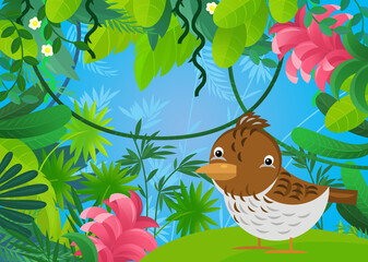 Fototapeta premium cartoon scene with forest and animal creature bird lard illustration for children