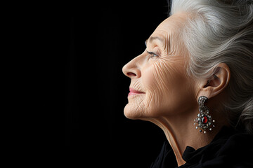 The graceful profile of an elderly woman, her silver hair framing a face adorned with a lifetime of wisdom and grace.