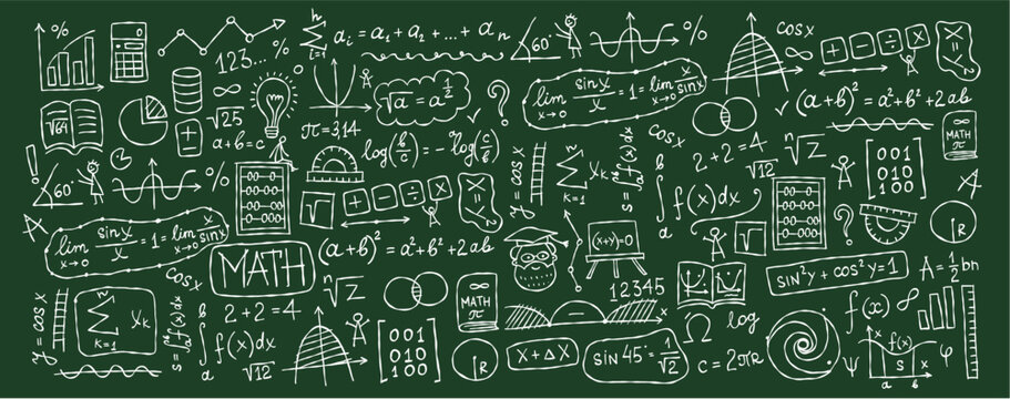 Hand drawn math science formulas on chalkboard background