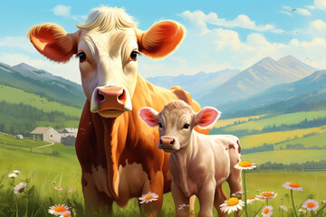 Cow with calf on a green alpine meadow, generated by AI - obrazy, fototapety, plakaty