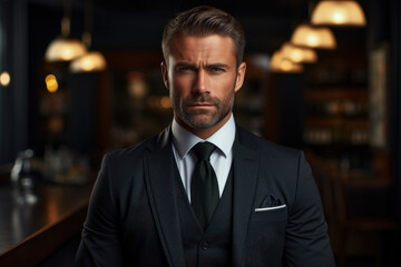 Fototapeta premium A man in business attire exuding confidence, representing professionalism and corporate identity. Concept of business and leadership. Generative Ai.