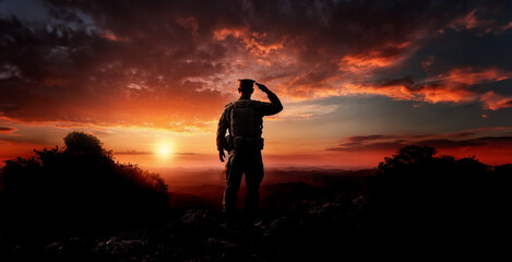 Soldier salute at sunset - obrazy, fototapety, plakaty