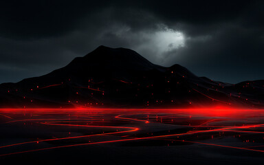 Dark mountain over a bright red terrain wallpaper concept (Generative AI)