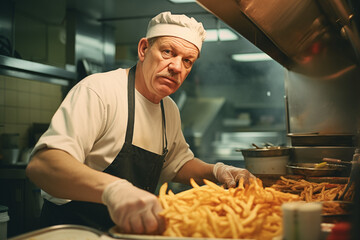 Grumpy low wage fast food restaurant worker making french fries - obrazy, fototapety, plakaty