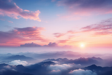A symphony of pastel hues painting the sky during a breathtaking sunrise over a mountainous horizon. Concept of new beginnings and daily renewal. Generative Ai.