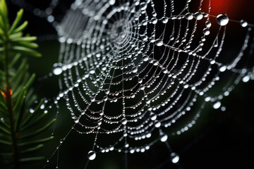 A delicate spiderweb adorned with morning dew, highlighting the intricate artistry of arachnid creations. Concept of natural craftsmanship and early mornings. Generative Ai.