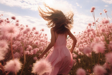 Beautiful girl in pink dress with flying hair in the field.
