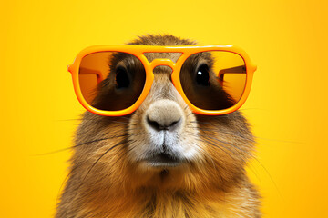 funny rodent with glasses on yellow background