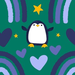 Watercolor rainbow seamless penguin and love pattern for wrapping paper and fabrics and kids print and winter