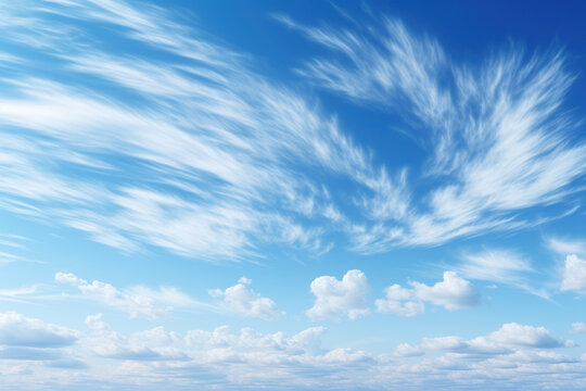 Wispy cirrus clouds streaking across a brilliant blue sky, creating a delicate contrast of textures. Concept of atmospheric beauty and celestial canvas. Generative Ai.