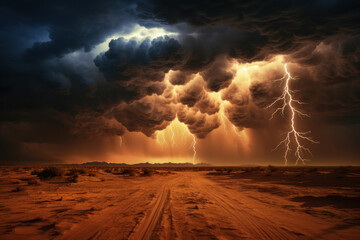 A dynamic lightning storm illuminating a desert sky, showcasing the intersection of arid...