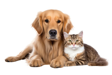 portrait of a happy dog and a cat, full body, isolated on white