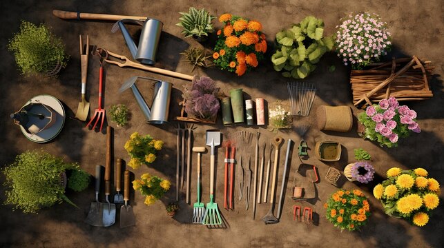 Garden Tools: A Overhead View of Shovels and More