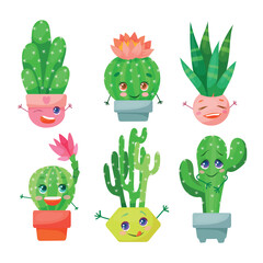 Cute Set funny faces of cacti in pots and with plants are friends. Indoor plants, succulents. Thorny plants in cartoon style. Vector illustration isolated on white background.