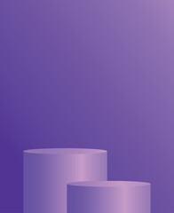 3d  display podium scene with cylinder platform. Stand to show cosmetic product vector mock up. Violet podium isolated on violet background.