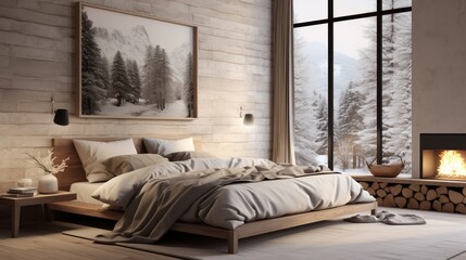 Modern scandinavian bedroom in natural colors. Wooden double bed with pillows and blanket. Minimal furniture, painting in frame on wall, fireplace and large window. Eco friendly home interior design