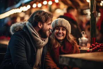 Happy couple having wonderful time on traditional Christmas market on winter evening