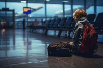 Adorable little boy alone in the airport - obrazy, fototapety, plakaty