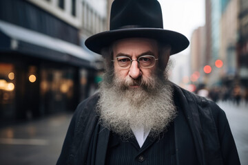 Senior orthodox Jewish rabbi on city street - obrazy, fototapety, plakaty