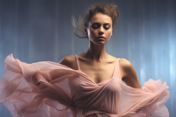 An expressive portrait of a dancer in mid-motion, the pastel tones capturing the fluidity and grace of the performance. Concept of artistic movement and expression. Generative Ai.