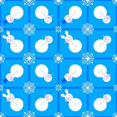 Cartoon winter ice seamless snowman and snowflakes pattern for Christmas packaging and new year