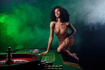 Photo of chic gorgeous lady lean poker table try bluff cheating professional playing guys on mist...
