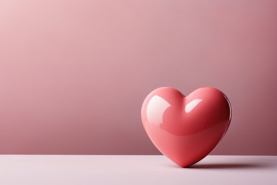 Celebrate March 8th. Glossy heart photographed from the side view on a white table, set against a pink background, providing ad space. Generated AI