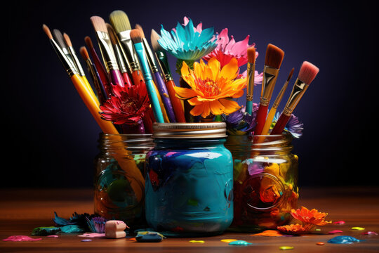 A cluster of diverse paintbrushes and tubes of paint, illustrating the vibrancy and diversity of artistic expression. Concept of creativity and imagination. Generative Ai.