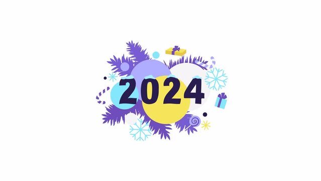 new year 2024 animation. Christmas holiday and New Year concept colorful banner. Cartoon style stock footage. Countdown timer, snowflakes, snow, gifts. date switches 2023 to 2024