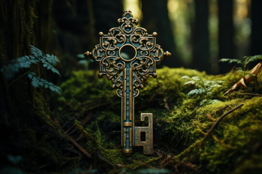 A rustic key in an antique keyhole, hinting at the mysteries and secrets waiting to be unlocked. Concept of discovery and curiosity. Generative Ai.