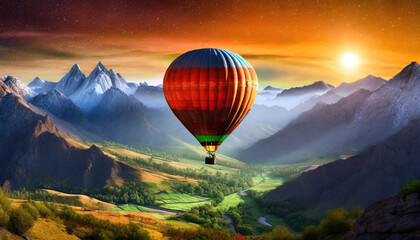 A hot air balloon flying over a magical land