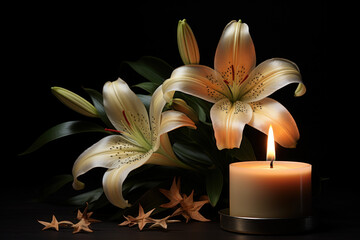 A serene image presents a beautiful lily alongside a burning candle set against a dark background. Generative Ai.