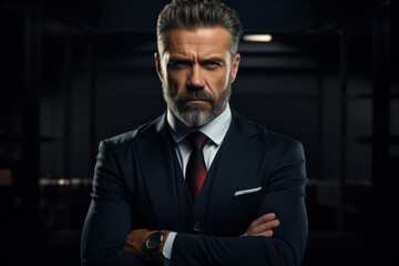 Fototapeta premium A successful businessman confidently stands with his arms crossed, exuding self-assuredness against a dark backdrop. Generative Ai.