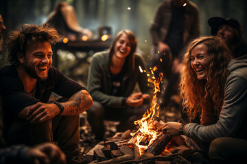 Group of friends laughing around a campfire, embodying the spirit of joy and friendship during a camping adventure