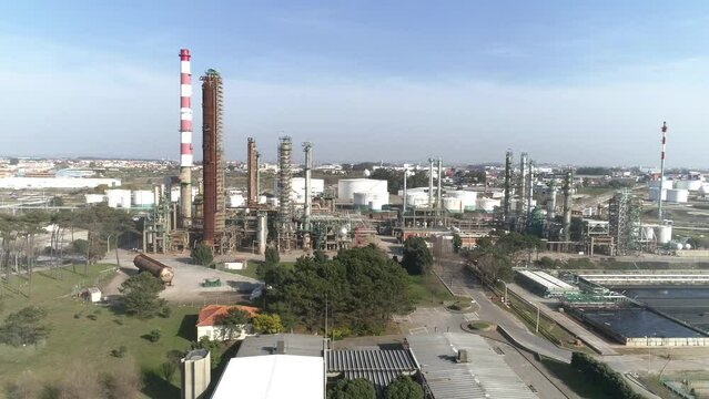 An oil depot and oil refinery Plant by drone aerial view. Matosinhos, Portugal