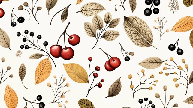 line art seasonal autumn pattern with black forest meadow plants, apples, berries, acorns and leaves.Minimalistic background. create using a generative AI tool 