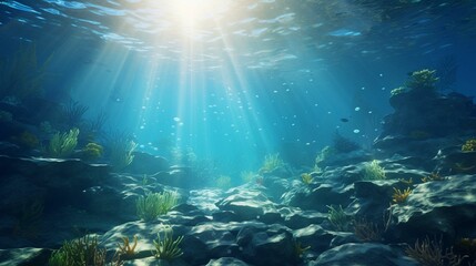 Fototapeta na wymiar Under the sea background clipart shows light rays underwater ocean floor. create using a generative AI tool 