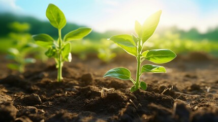 Young green soybean crop seedling plants in cultivated perfectly clean agricultural plantations. create using a generative AI tool 