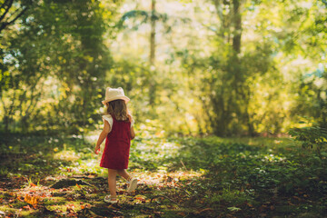 Little girl in a red dress and a hat walks on the meadow near the forest in the rays of the sun in...